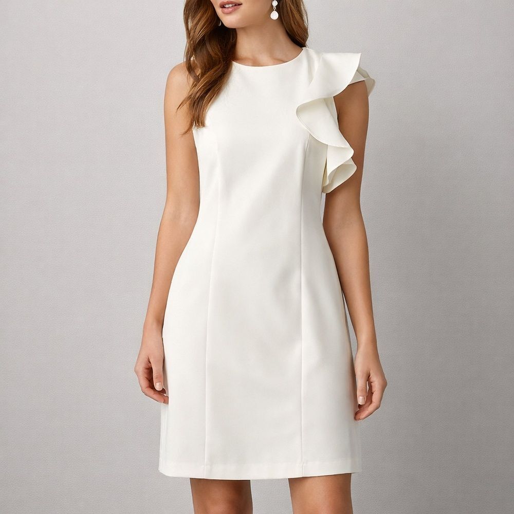 Nine West Cream Asymmetrical Ruffle Sheath Dress